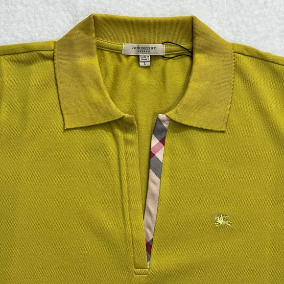 Burberry Women's Citrine Yellow Polo Shirt Short Sleeve Nova Check Trim Size L - Picture 3 of 12